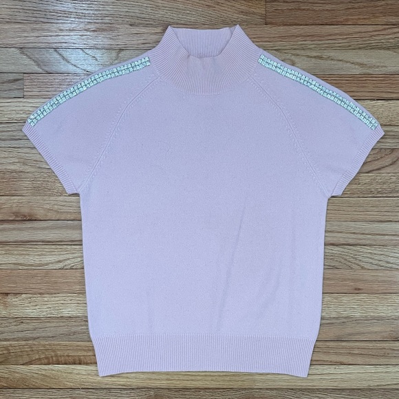 Kenar Short Sleeve Cashmere Pastel Pink Sweater with Rhinestone Details - Picture 1 of 7